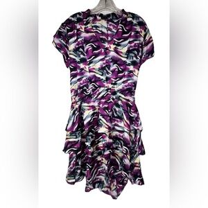 VERTIGO Dress‎ Women’s Size Medium Blouson Flare Tiered Cinched Purple Blue Work